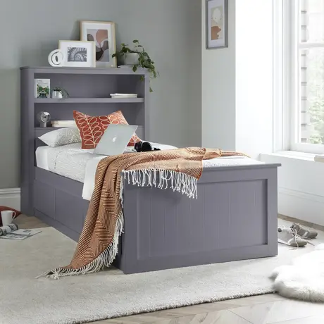 Buy Enzo Grey Wooden 3‑Drawer Storage Bed – Single 3ft with Bookcase Headboard, Colour: Grey, Bed Size: Single (3ft), 2 from Furnituretta