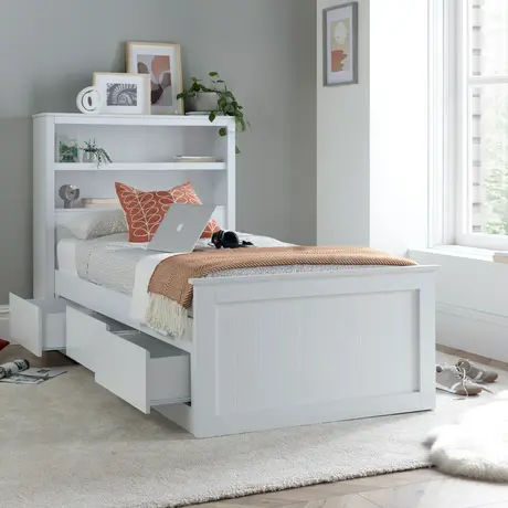 Buy Enzo White Wooden 3‑Drawer Storage Bed – Single 3ft with Bookcase Headboard, Colour: White, Bed Size: Single (3ft), 2 from Furnituretta