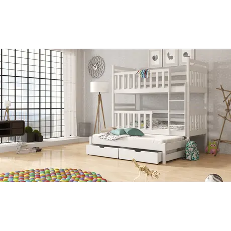 Buy Wooden Bunk Bed Klara with Trundle and Storage, Colour: White Matt, Mattresses: Foam Mattresses from Furnituretta