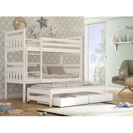 Buy Wooden Bunk Bed Seweryn with Trundle and Storage, Colour: White Matt, Mattresses: Foam/Bonnell Mattresses from Furnituretta