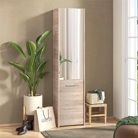 Buy Otley Oak Effect Tall Slim Shoe Cabinet Cupboard | Mirrored Hallway Storage – 8 Shelves, Colour: Oak from Furnituretta