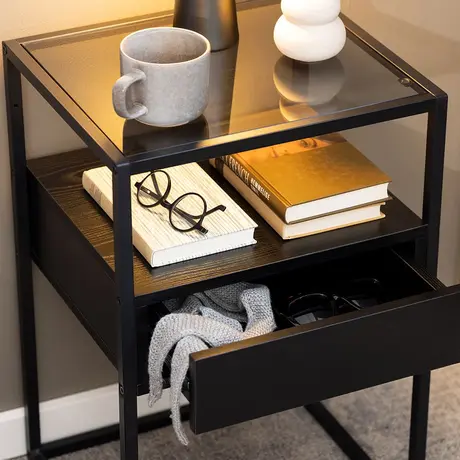 Buy Stylish Randolf Bedside Table: Black & Smoked Glass Finish, 6 from Furnituretta