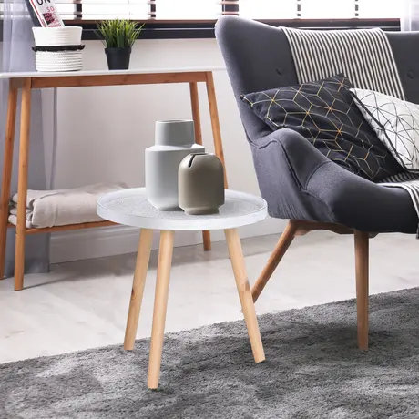 Buy Homcom Flower Eteched Side Table Saucer Top Wood Legs, 9 from Furnituretta