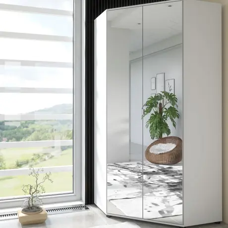 Buy Lydd Corner 2 Door Mirrored Wardrobe – Matt White Finish with Shelves & Hanging Rails from Furnituretta