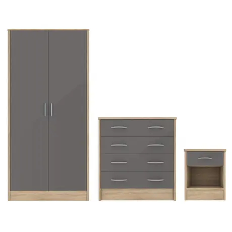 Buy Bardalona Trio Wardrobe, Chest & Bedside Grey Gloss from Furnituretta