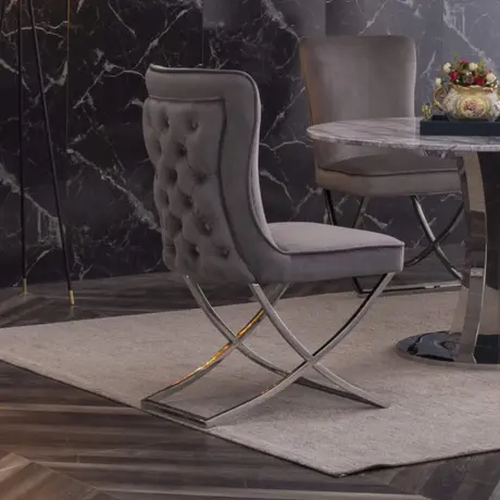 Buy Panama Velvet Fabric Dining Chair Grey with Stainless Steel Legs, 3 from Furnituretta
