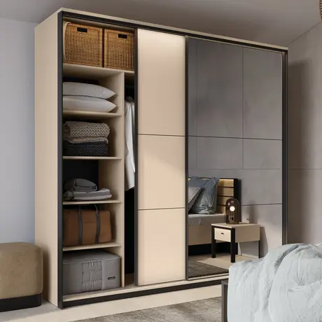 Buy Enna EN-01 Sliding Door Wardrobe – 220 cm in Beige & Black with Mirror and LED, 6 from Furnituretta