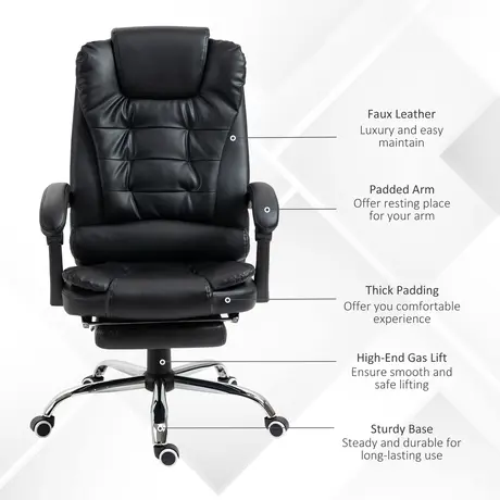 Buy HOMCOM Executive Office Chair, PU Leather Home Office Chair with Swivel Wheels, Reclining Backrest, Retractable Footrest, Black, 7 from Furnituretta