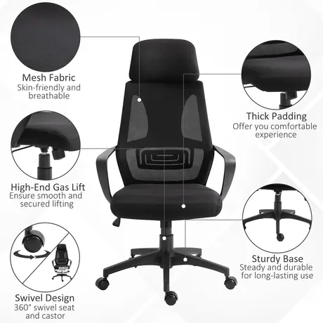 Buy Vinsetto Ergonomic Office Chair, High Back Computer Chair, Mesh Desk Chair with Lumbar Support, Headrest, Wheel, Adjustable Height, Black, 7 from Furnituretta