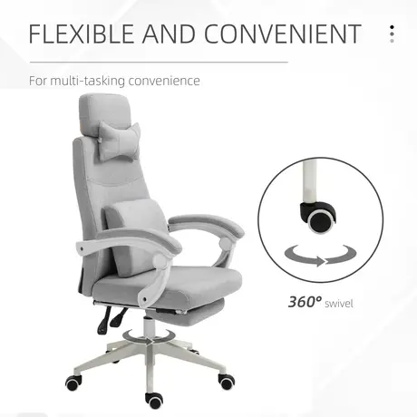Buy Vinsetto Office Chair, Ergonomic Desk Chair, High Back Fabric Work Chair with 160° Reclining Backrest, Retractable Footrest, Neck and Lumbar Pillow for Home and Study, Grey, 7 from Furnituretta