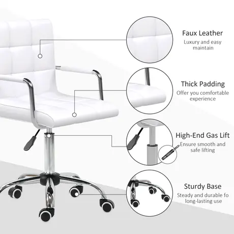 Buy Vinsetto Office Chair, Makeup Vanity Chair, Mid Back Computer Chair, PU Leather, White, 6 from Furnituretta