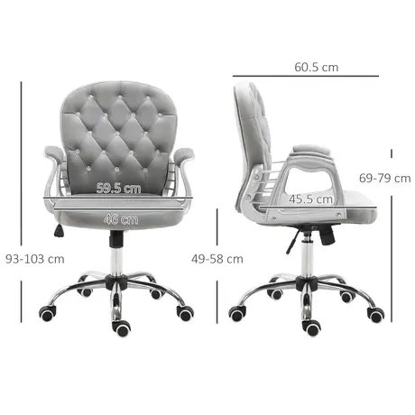 Buy Vinsetto Office Chair, Swivel Desk Chair, Velvet Vanity Chair with Adjustable Height and Rolling Wheels for Home Work Study, Grey, 3 from Furnituretta