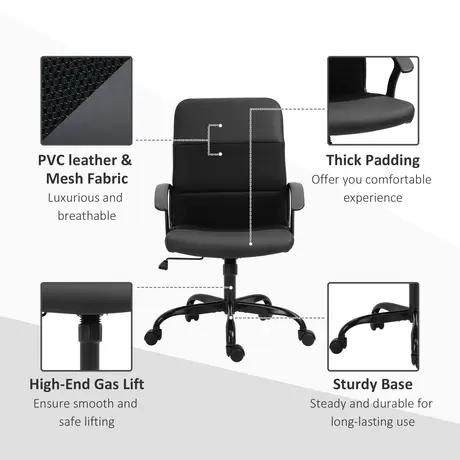 Buy Vinsetto Mesh Office Chair, Faux Leather Desk Chair with Swivel Wheels, Adjustable Height and Tilt Function, Black, 7 from Furnituretta