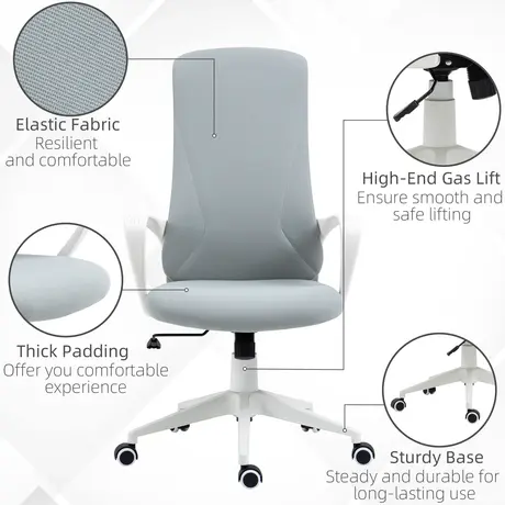 Buy Vinsetto High Back Office Chair, Fabric Desk Chair with Armrests, Adjustable Height, Swivel Wheels, Light Grey, 8 from Furnituretta