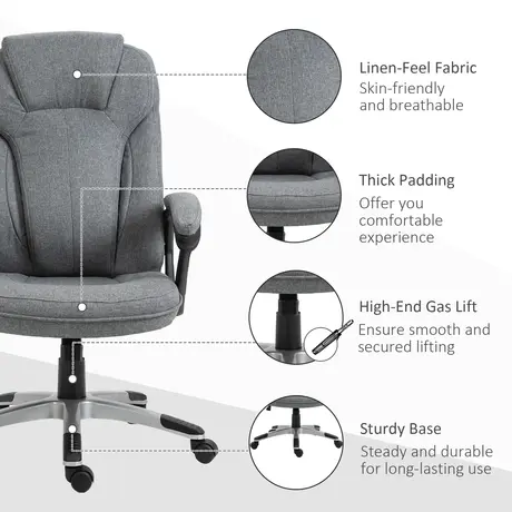 Buy Vinsetto Office Chair, Linen Fabric Desk Chair, Height Adjustable Computer Chair with Padded Armrests, Swivel Wheels and Tilt Function, Grey, 7 from Furnituretta