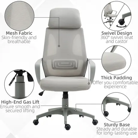 Buy Vinsetto Ergonomic Office Chair, High Back Computer Chair, Mesh Desk Chair with Lumbar Support, Headrest, Wheel, Adjustable Height, Grey, 8 from Furnituretta