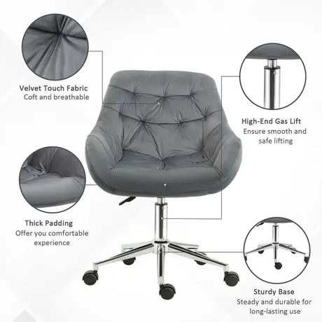 Buy Vinsetto Home Office Chair Velvet Ergonomic Computer Chair Comfy Desk Chair with Adjustable Height, Arm and Back Support, Dark Grey, 6 from Furnituretta