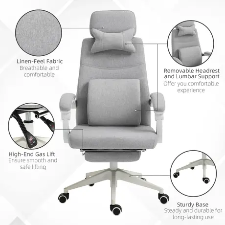 Buy Vinsetto Office Chair, Ergonomic Desk Chair, High Back Fabric Work Chair with 160° Reclining Backrest, Retractable Footrest, Neck and Lumbar Pillow for Home and Study, Grey, 6 from Furnituretta