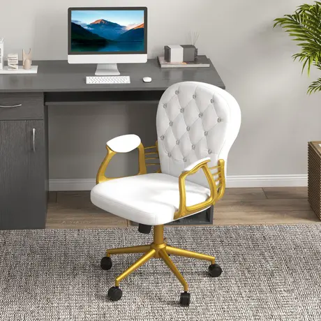 Buy Vinsetto Height Adjustable Home Office Chair, Button Tufted Computer Chair with Padded Armrests and Tilt Function, Cream White, 9 from Furnituretta