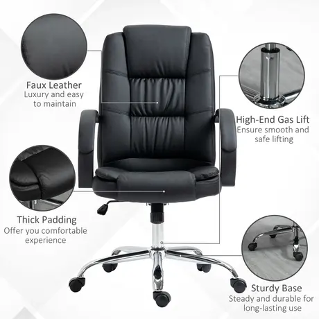 Buy Vinsetto Office Chair, PU Leather Desk Chair with 13cm Soft Padded Seat and Backrest, Swivel Chair with Adjustable Height and Rolling Wheels, Black, 7 from Furnituretta