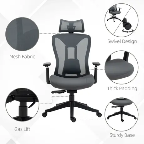 Buy Vinsetto Mesh Office Chair, Ergonomic Desk Chair, Computer Chair with Adjustable Headrest and Lumbar Support, 135° Reclining Back and 3D Armrest for Home Office Study, Grey, 9 from Furnituretta
