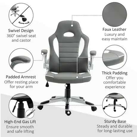 Buy Vinsetto Computer Gaming Chair, Office Desk Swivel Chair, PU Leather Racing Chair with 90° Flip-up Armrest, Adjustable Height and Rolling Wheels, Grey, 7 from Furnituretta