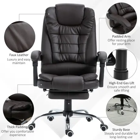 Buy HOMCOM PU Leather Executive Office Chair, High Back Swivel Chair with Retractable Footrest, Adjustable Height, Reclining Function, Brown, 4 from Furnituretta