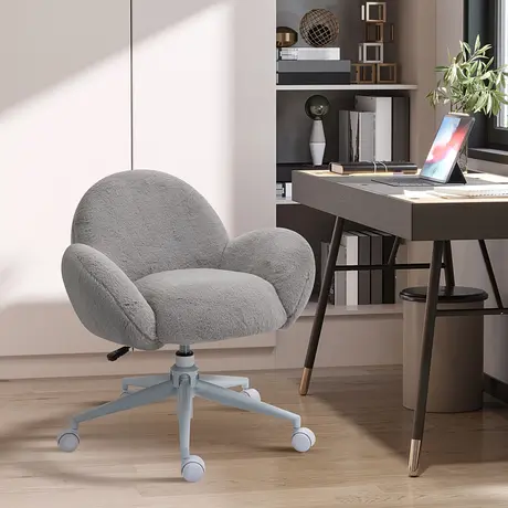 Buy HOMCOM Makeup Vanity Chair, Cute Fluffy Desk Chair with Rolling Wheels for Bedroom Living Room, Grey, 2 from Furnituretta