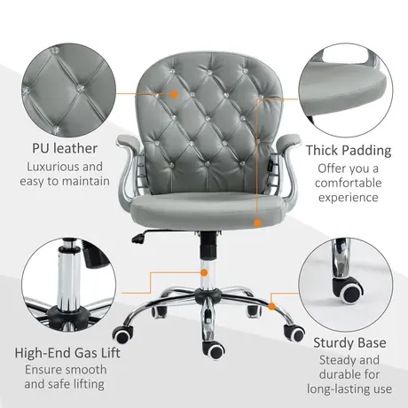 Buy Vinsetto Office Chair Ergonomic 360° Swivel PU Diamante Padded Base 5 Castor Wheels for Home Work Grey, 5 from Furnituretta