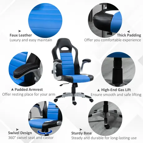 Buy HOMCOM Computer Gaming Chair, Office Desk Swivel Chair, PU Leather Racing Chair with 90° Flip-up Armrest, Blue, 7 from Furnituretta