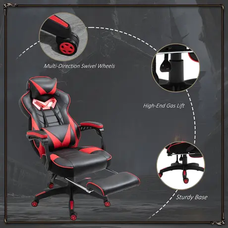 Buy Vinsetto Computer Gaming Chair, Racing Desk Chair with Lumbar Support and Footrest, PU Leather Gamer Chair with Headrest and Swivel Wheels for Home, Red, 8 from Furnituretta