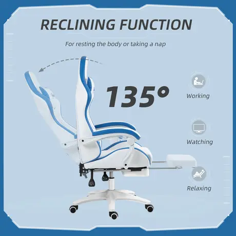 Buy Vinsetto Computer Gaming Chair, PU Leather Desk Chair with Footrest, Swivel Task Chair with 135° Reclining Back and Lumbar Support, PC Chair for Adults, White and Blue, 5 from Furnituretta