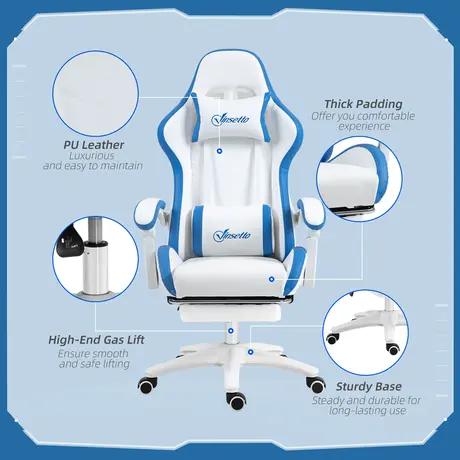 Buy Vinsetto Computer Gaming Chair, PU Leather Desk Chair with Footrest, Swivel Task Chair with 135° Reclining Back and Lumbar Support, PC Chair for Adults, White and Blue, 7 from Furnituretta