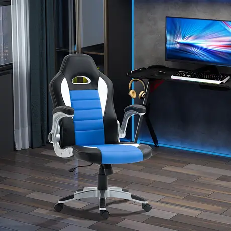 Buy HOMCOM Computer Gaming Chair, Office Desk Swivel Chair, PU Leather Racing Chair with 90° Flip-up Armrest, Blue, 2 from Furnituretta