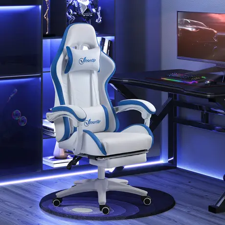Buy Vinsetto Computer Gaming Chair, PU Leather Desk Chair with Footrest, Swivel Task Chair with 135° Reclining Back and Lumbar Support, PC Chair for Adults, White and Blue, 2 from Furnituretta