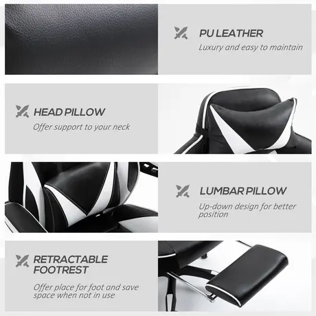 Buy Vinsetto Computer Gaming Chair, Racing Desk Chair with Lumbar Support and Footrest, PU Leather Gamer Chair with Headrest and Swivel Wheels for Home, White, 8 from Furnituretta