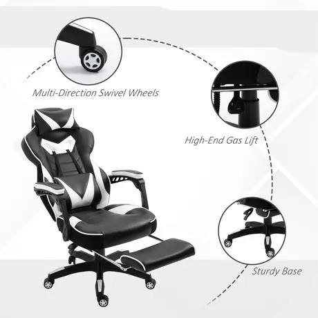 Buy Vinsetto Computer Gaming Chair, Racing Desk Chair with Lumbar Support and Footrest, PU Leather Gamer Chair with Headrest and Swivel Wheels for Home, White, 7 from Furnituretta