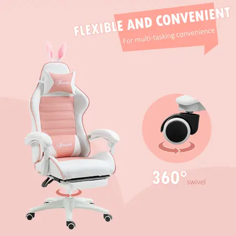 Buy Vinsetto Racing Gaming Chair, Reclining PU Leather Computer Chair with Removable Rabbit Ears, Footrest, Headrest and Lumber Support, Pink, 7 from Furnituretta