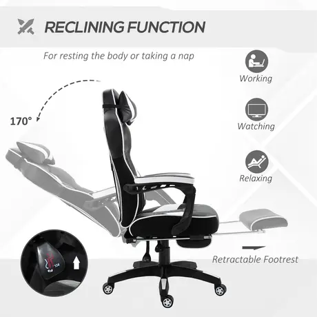 Buy Vinsetto Computer Gaming Chair, Racing Desk Chair with Lumbar Support and Footrest, PU Leather Gamer Chair with Headrest and Swivel Wheels for Home, White, 5 from Furnituretta