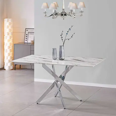 Buy Scimitar Marble Dining Table – 160 cm Marble-Effect Glass Top with Silver Legs from Furnituretta