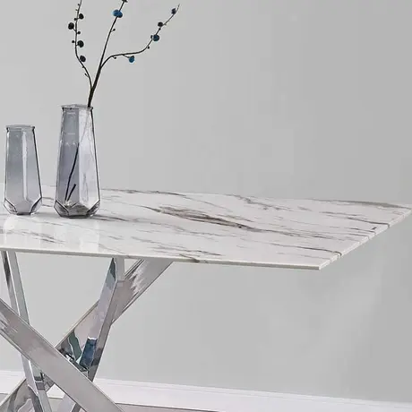 Buy Scimitar Marble Dining Table – 160 cm Marble-Effect Glass Top with Silver Legs, 2 from Furnituretta