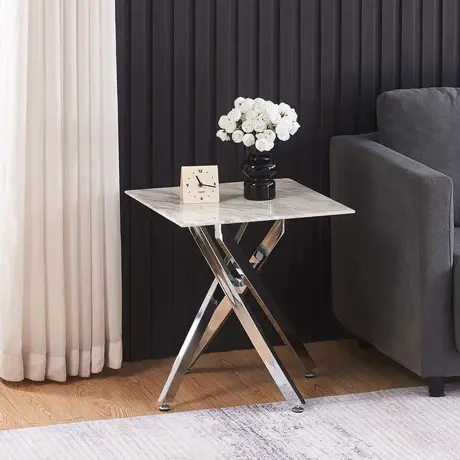Buy Scimitar Marble Lamp Table – 50 cm Square Marble-Effect Top with Chrome Legs from Furnituretta