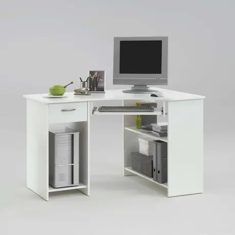 Buy Amex White Corner Desk – Compact Design with Drawer, Shelves & Keyboard Tray from Furnituretta