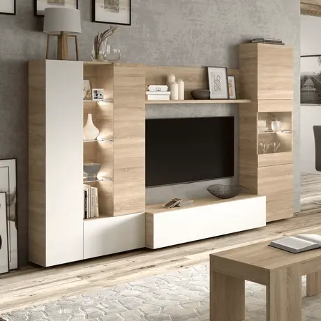 Buy Aroma White and Oak Wall Entertainment Unit – 260 cm Wide with LED Lights from Furnituretta