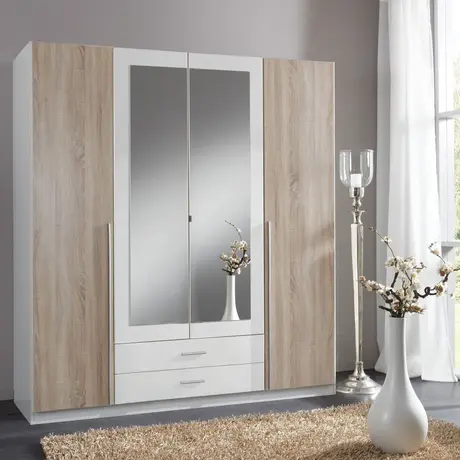 Buy Lincoln 4 Door 2 Drawer Wardrobe – Matt White & Oak Effect with Mirrors from Furnituretta