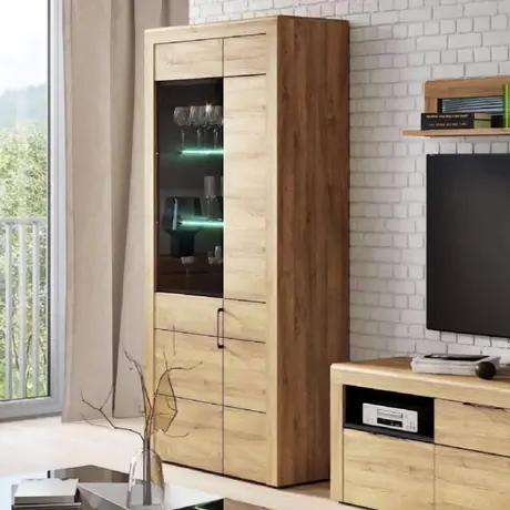 Buy Newry Large Oak Effect 2 Door Display Cabinet – LED Lit with Soft Close Doors from Furnituretta