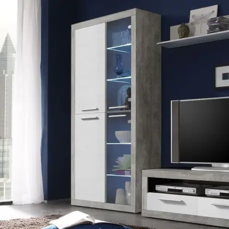 Buy Sefron Tall Display Cabinet – White Gloss & Stone Grey Finish with Glass Doors – 194 cm High, 2 from Furnituretta