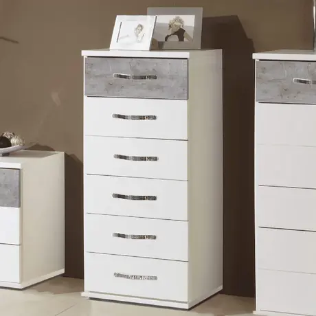 Buy Craven Narrow Chest of Drawers – Concrete Grey & White Finish with Silver Handles from Furnituretta