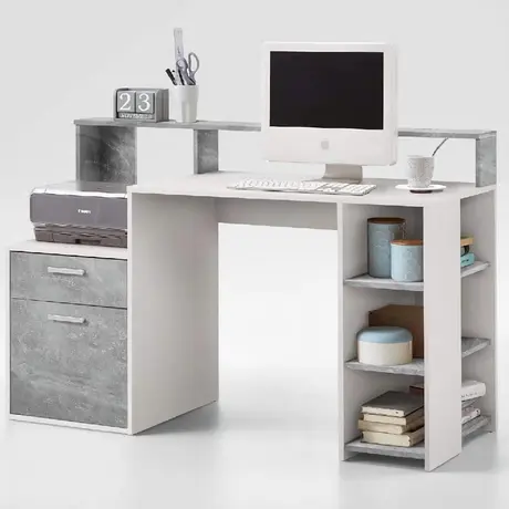 Buy Ripon Computer Desk with Hutch – White & Concrete Grey Finish from Furnituretta