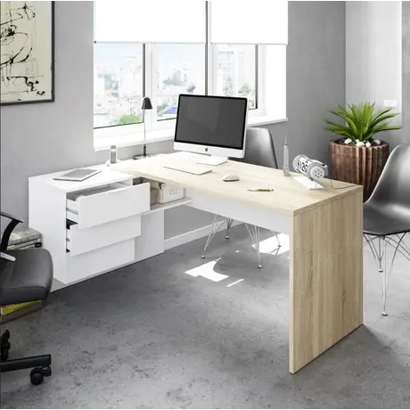 Buy Corby L-Shaped Computer Desk – Oak and White Finish with 2 Drawers and Shelf from Furnituretta